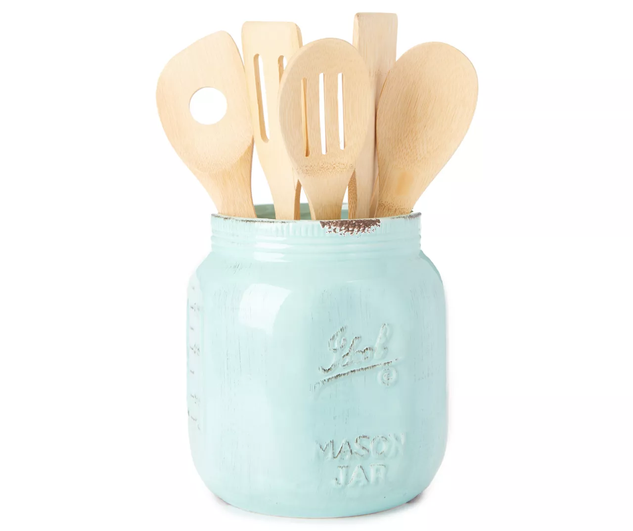Aqua Mason Jar Ceramic Utensil Holder 2 Aqua Mason Jar Ceramic Utensil Holder - Image 2