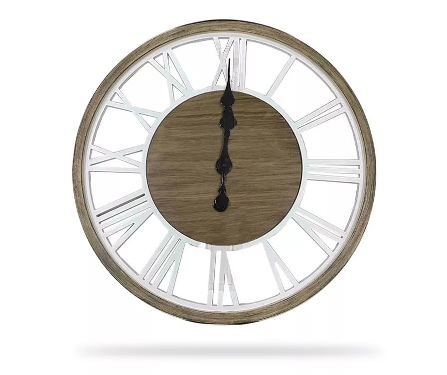 White & Brown Rustic Roman Numeral Cutout Wall Clock, (24") 1 White & Brown Rustic Roman Numeral Cutout Wall Clock, (24")