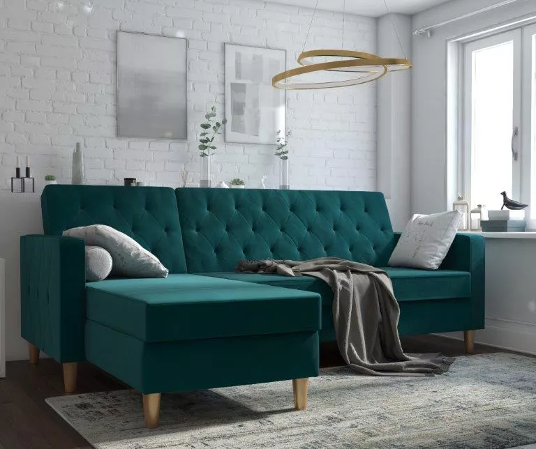 CosmoLiving Liberty Green Velvet Sectional Storage Futon 2 CosmoLiving Liberty Green Velvet Sectional Storage Futon - Image 2