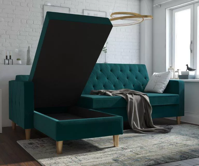 CosmoLiving Liberty Green Velvet Sectional Storage Futon 3 CosmoLiving Liberty Green Velvet Sectional Storage Futon - Image 3