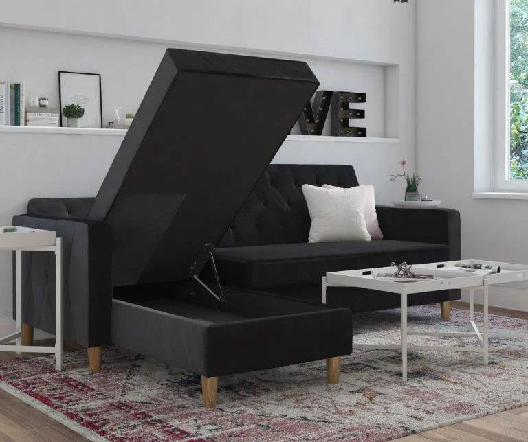 CosmoLiving Liberty Black Velvet Sectional Storage Futon 3 CosmoLiving Liberty Black Velvet Sectional Storage Futon - Image 3