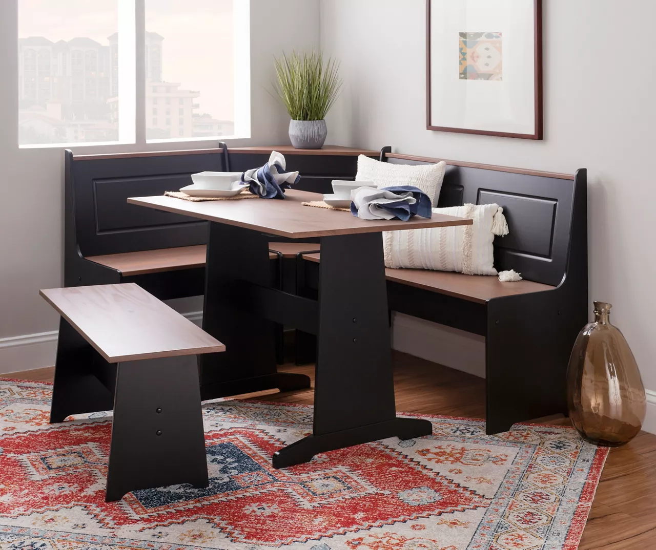 Atrium Black & Pecan 3-Piece Wooden Breakfast Nook Set 2 Atrium Black & Pecan 3-Piece Wooden Breakfast Nook Set - Image 2