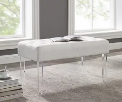 Marie Glitz White Tufted Linen Acrylic Leg Bench -Home Furnishing Store 810543267 2