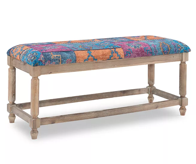 Moroccan Tapestry Upholstered Rustic Driftwood Bench 1 Moroccan Tapestry Upholstered Rustic Driftwood Bench