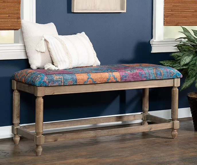 Moroccan Tapestry Upholstered Rustic Driftwood Bench 3 Moroccan Tapestry Upholstered Rustic Driftwood Bench - Image 3