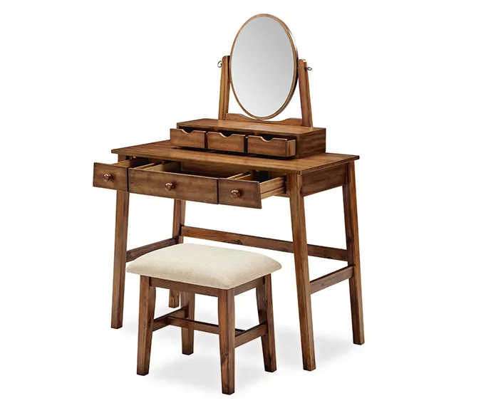 Laura 2-Piece Walnut & Beige 6-Drawer Tilting Mirror Vanity Set 4 Laura 2-Piece Walnut & Beige 6-Drawer Tilting Mirror Vanity Set - Image 4