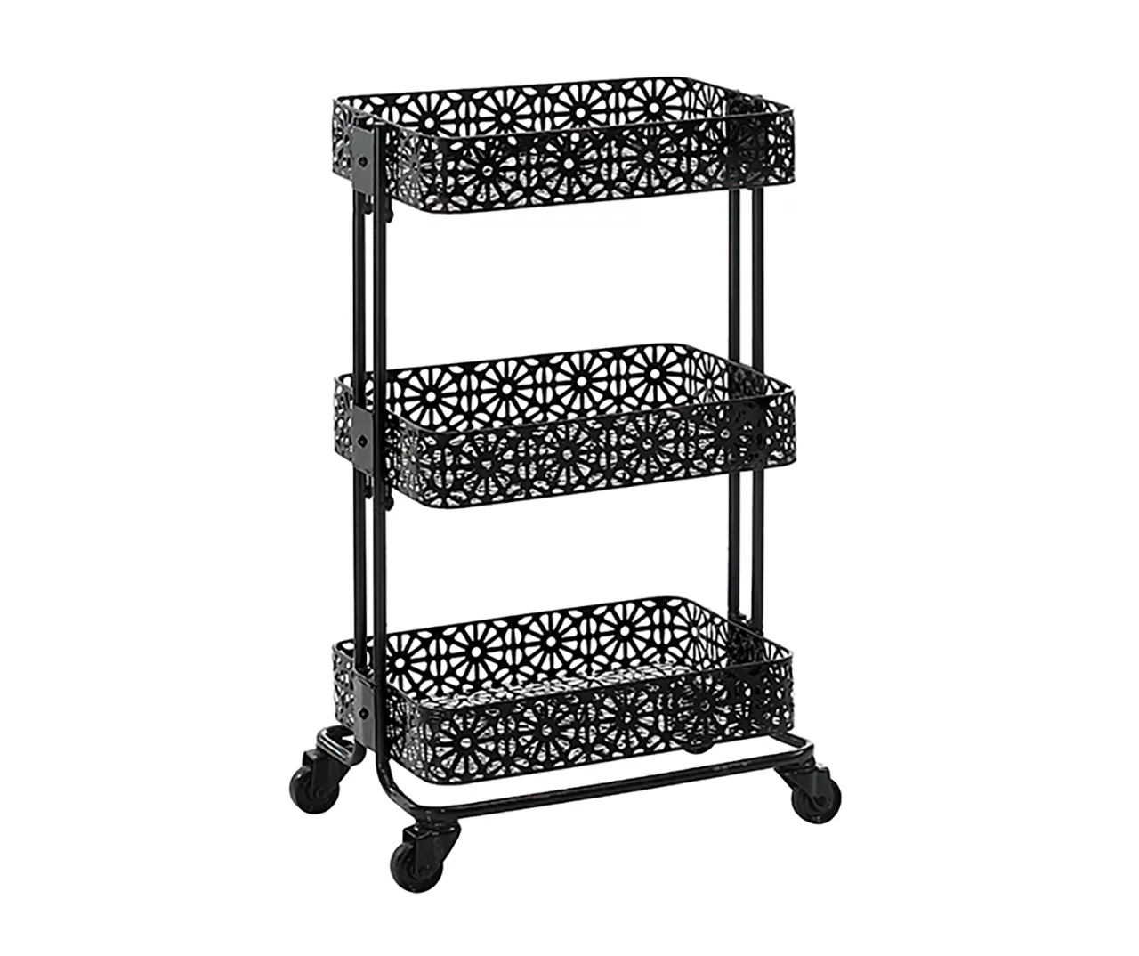 Mabry Black 3-Tier Pierced Floral Rolling Cart 1 Mabry Black 3-Tier Pierced Floral Rolling Cart