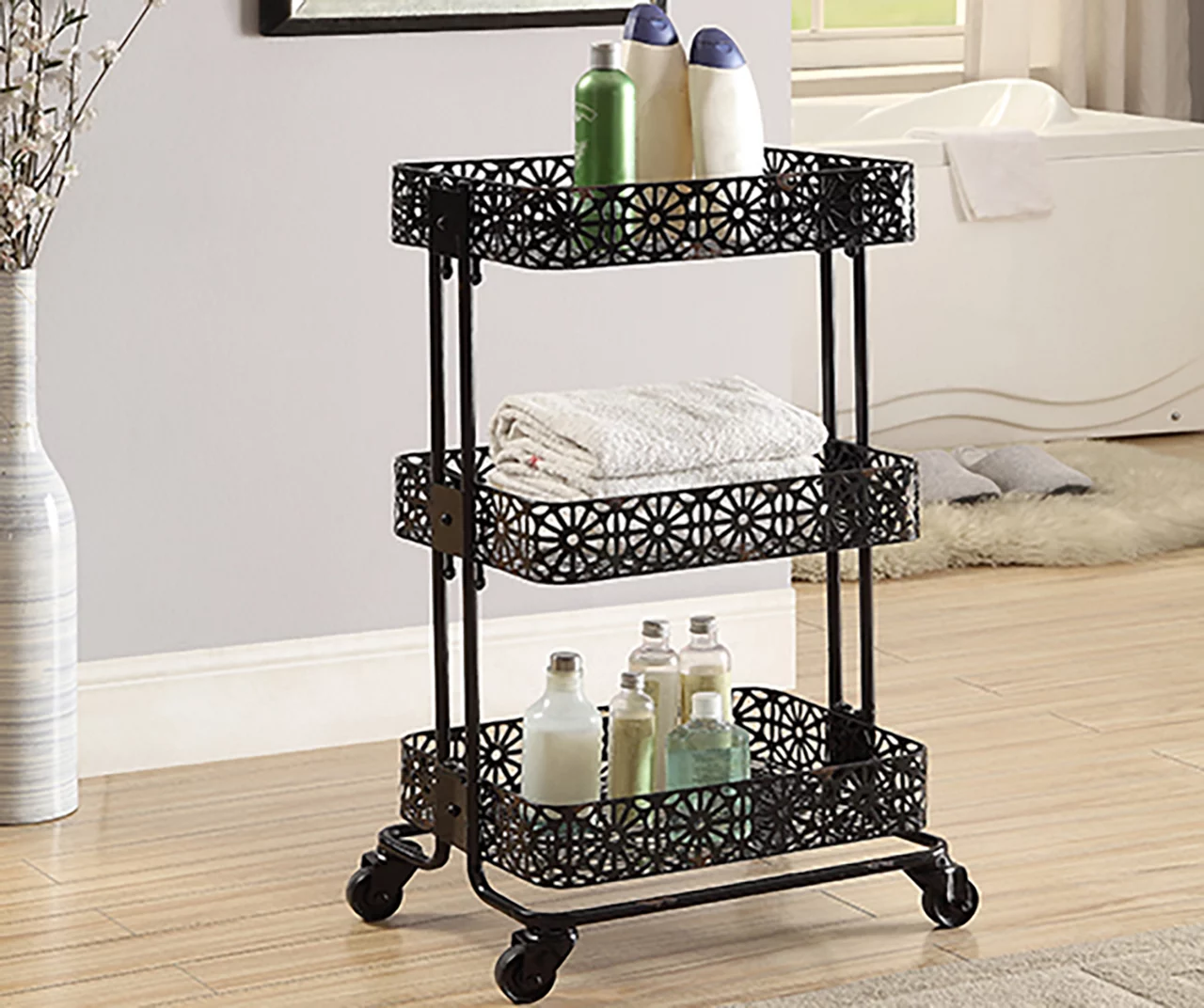 Mabry Black 3-Tier Pierced Floral Rolling Cart 5 Mabry Black 3-Tier Pierced Floral Rolling Cart - Image 5