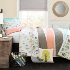 Coral & Turquoise Owl Stripe Full/Queen 5-Piece Quilt Set 11 Coral & Turquoise Owl Stripe Full/Queen 5-Piece Quilt Set -Home Furnishing Store 810552920 11