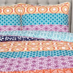 Fuchsia & Orange Bohemian Pattern Stripe Full/Queen 3-Piece Quilt Set -Home Furnishing Store 810552951 2