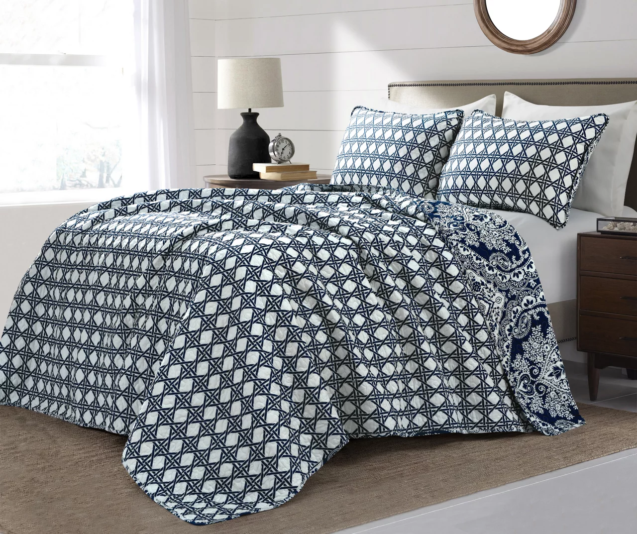 Aubree Navy & White Full/Queen 3-Piece Quilt Set 7 Aubree Navy & White Full/Queen 3-Piece Quilt Set - Image 7