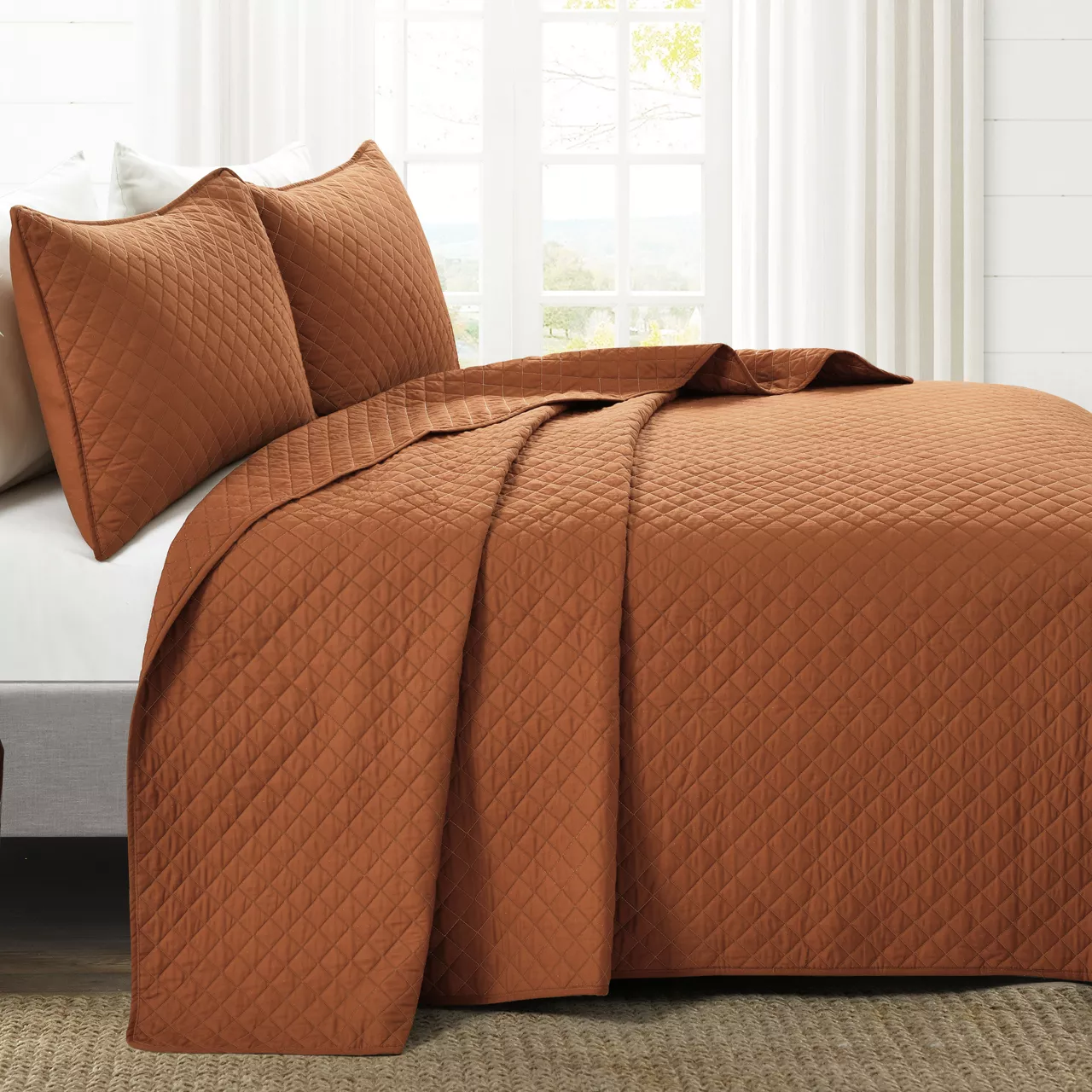 Ava Rust Diamond-Quilted Full/Queen 3-Piece Quilt Set 6 Ava Rust Diamond-Quilted Full/Queen 3-Piece Quilt Set - Image 6