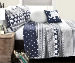 Navy & White Elephant Geometric Stripe Twin 4-Piece Quilt Set -Home Furnishing Store 810552964 11