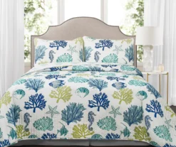White & Blue Coastal Reef Full/Queen 3-Piece Quilt Set