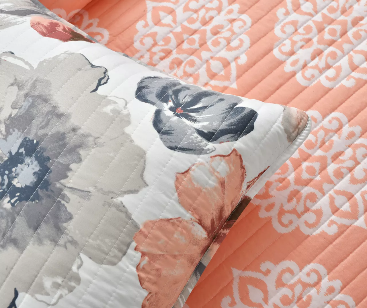 Leah Coral & Gray Floral Reversible King 3-Piece Quilt Set 4 Leah Coral & Gray Floral Reversible King 3-Piece Quilt Set - Image 4