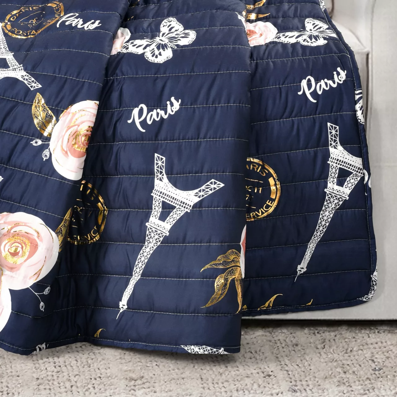 Navy & Peach Botanical Paris Quilted Throw, (50" X 60") 3 Navy & Peach Botanical Paris Quilted Throw, (50" X 60") - Image 3