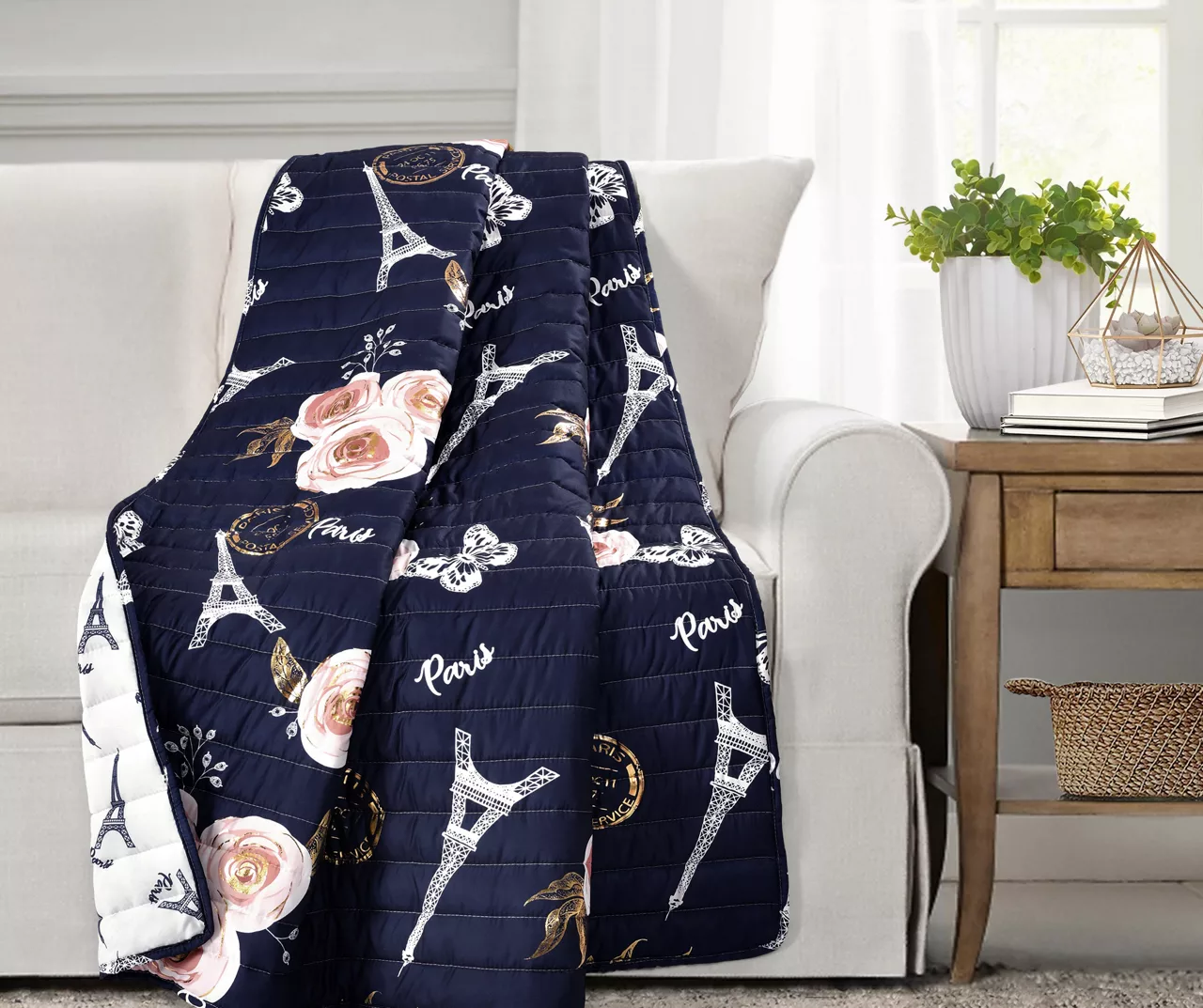 Navy & Peach Botanical Paris Quilted Throw, (50" X 60") 1 Navy & Peach Botanical Paris Quilted Throw, (50" X 60")