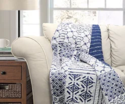 White & Blue Pattern Patchwork Monique Quilted Throw, (50" X 60")
