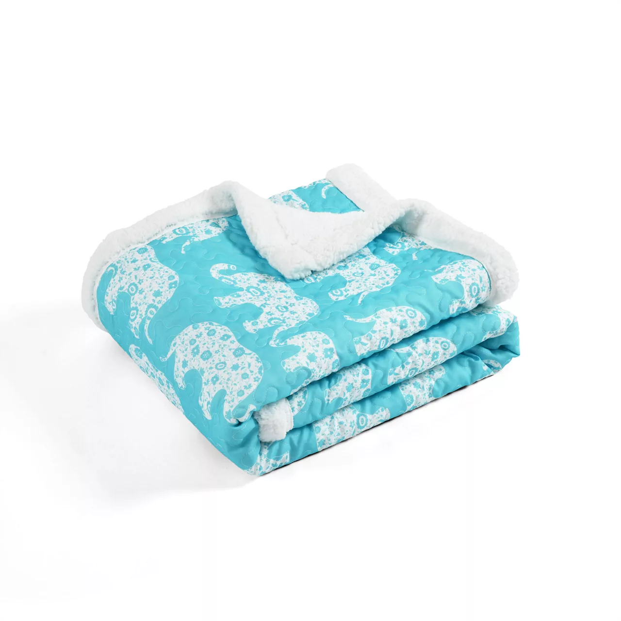 Aqua & White Elephant Parade Quilted Sherpa Throw, (50" X 60") 5 Aqua & White Elephant Parade Quilted Sherpa Throw, (50" X 60") - Image 5