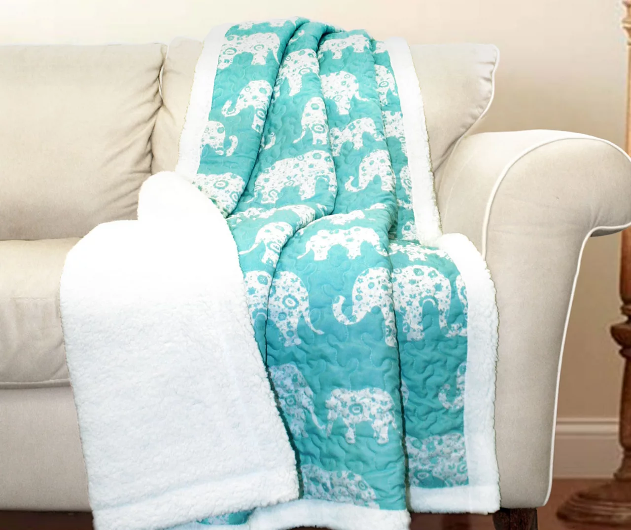 Aqua & White Elephant Parade Quilted Sherpa Throw, (50" X 60") 1 Aqua & White Elephant Parade Quilted Sherpa Throw, (50" X 60")