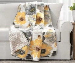 Leah Yellow & Gray Floral Quilted Throw, (50" X 60")