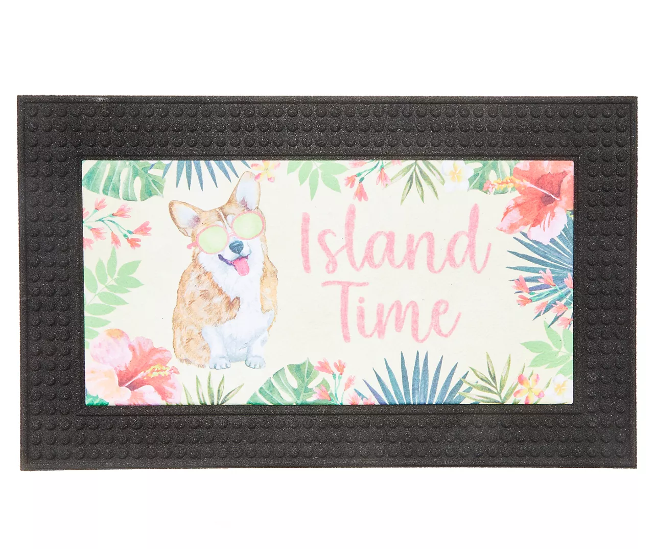 "Island Time" Beige & Pink Tropical Corgi Outdoor Doormat 1 "Island Time" Beige & Pink Tropical Corgi Outdoor Doormat