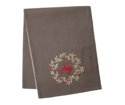 Home For The Holidays "Joy" Gray & Red Wreath Table Runner