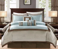 Beverly Light Blue & Brown Color Block Queen 7-Piece Comforter Set