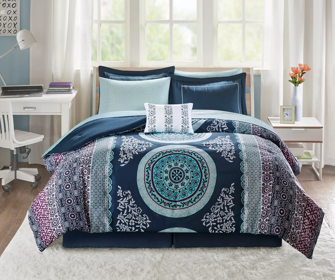 Blaire Navy & Aqua Boho Medallion Twin XL 8-Piece Comforter Set 1 Blaire Navy & Aqua Boho Medallion Twin XL 8-Piece Comforter Set