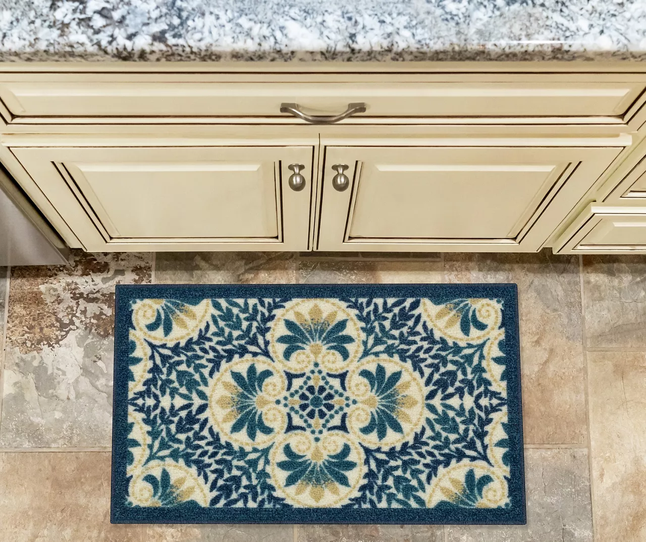 Blue & Cream Peacock Floral Kitchen Rug, (30" X 18") 2 Blue & Cream Peacock Floral Kitchen Rug, (30" X 18") - Image 2