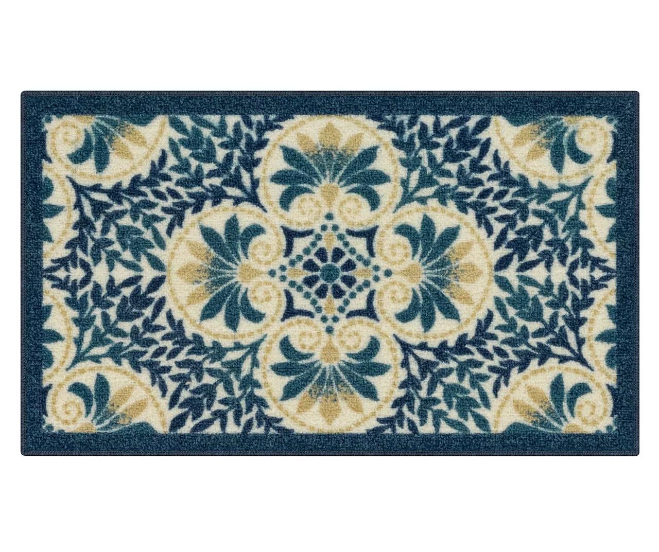 Blue & Cream Peacock Floral Kitchen Rug, (30" X 18") 1 Blue & Cream Peacock Floral Kitchen Rug, (30" X 18")