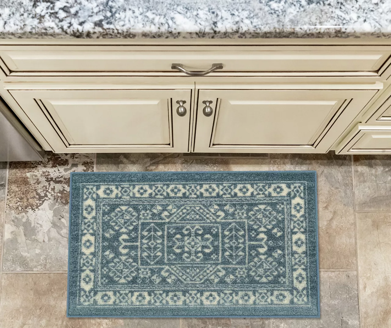 Jay Blue & Cream Geometric Kitchen Rug, (30" X 18") 2 Jay Blue & Cream Geometric Kitchen Rug, (30" X 18") - Image 2