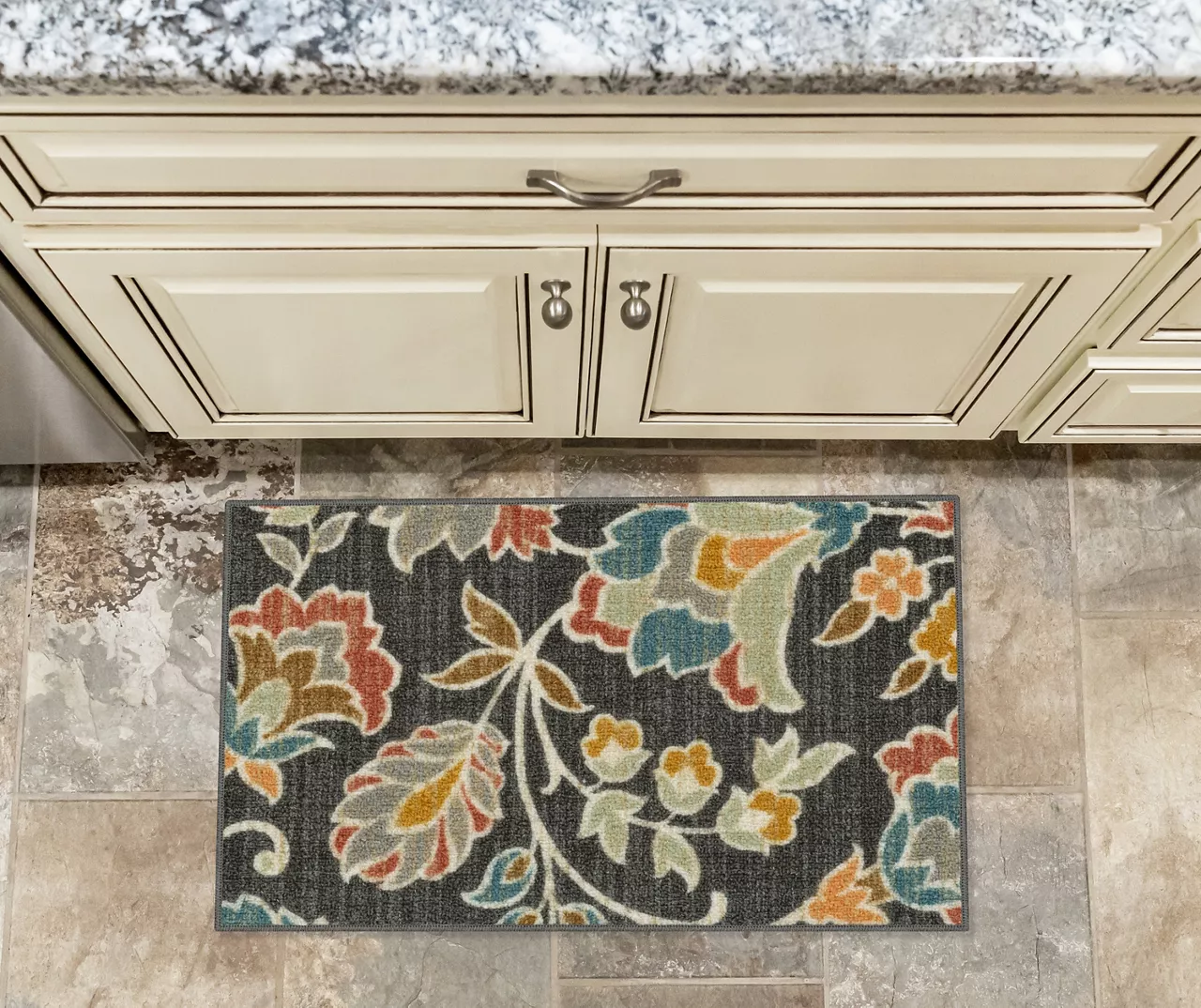 Mynah Gray & Mustard Floral Kitchen Rug, (30" X 18") 2 Mynah Gray & Mustard Floral Kitchen Rug, (30" X 18") - Image 2