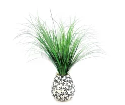 Green Tall Grass Arrangement With White & Black Floral Vase