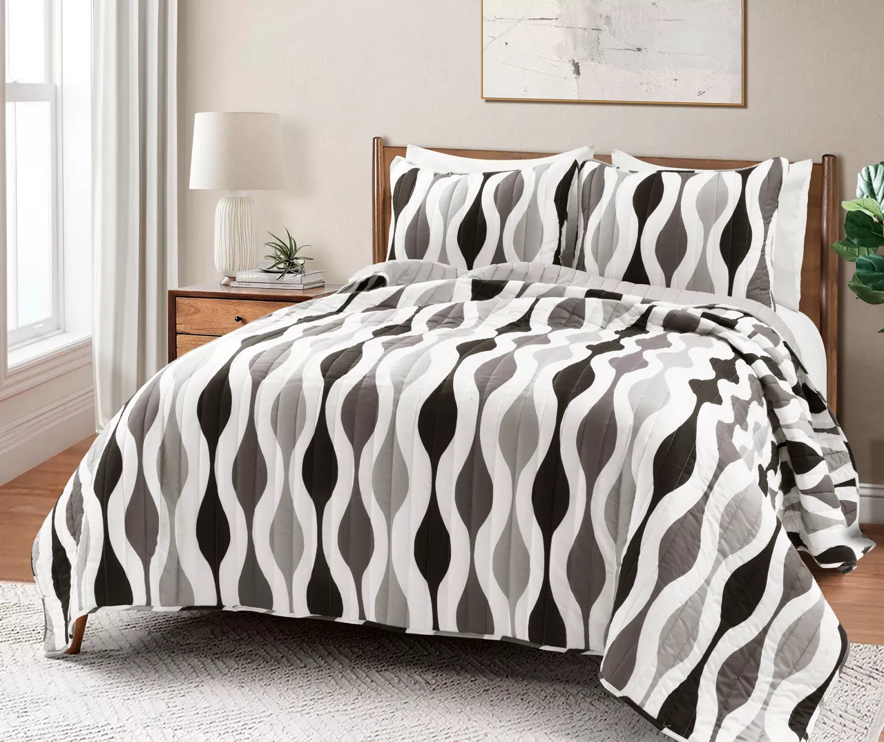 Black & Gray Mid-Century Waves Full/Queen 3-Piece Quilt Set 1 Black & Gray Mid-Century Waves Full/Queen 3-Piece Quilt Set