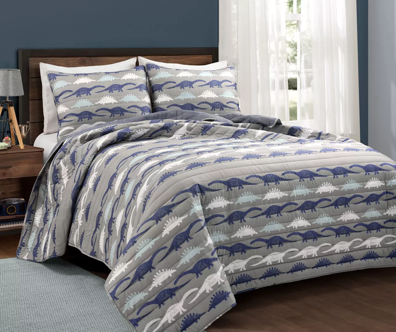 Navy & Gray Dinosaur Reversible Twin 2-Piece Quilt Set 1 Navy & Gray Dinosaur Reversible Twin 2-Piece Quilt Set