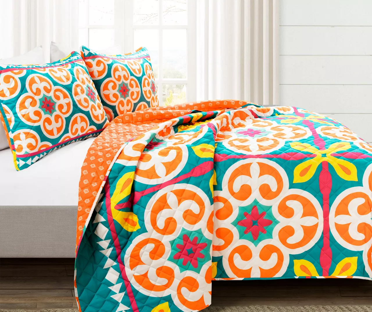 Lush Decor Orange & Turquoise Boho Floral Reversible Quilt Set 9 Lush Decor Orange & Turquoise Boho Floral Reversible Quilt Set - Image 9