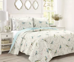 Lush Decor White, Blue & Pink Bird & Floral Reversible Quilt Set