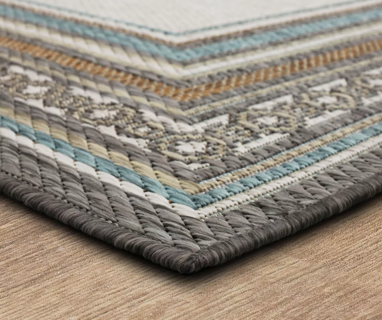 Panama Light Gray & Turquoise Geo-Bordered Outdoor Area Rug, (2.5' X 6') 2 Panama Light Gray & Turquoise Geo-Bordered Outdoor Area Rug, (2.5' X 6') - Image 2