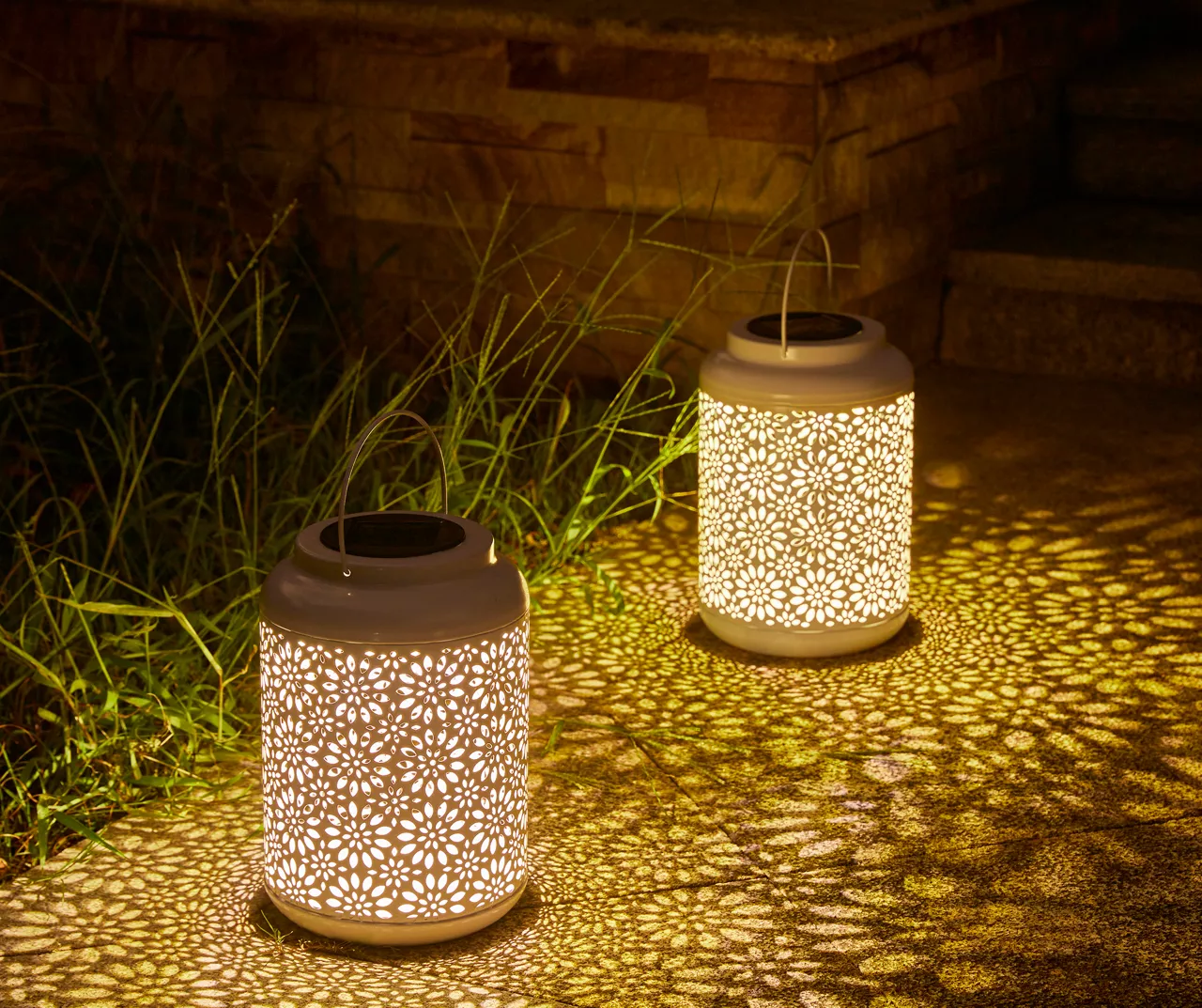 White Flower Cut-Out Metal LED Solar Lanterns, 2-Pack 2 White Flower Cut-Out Metal LED Solar Lanterns, 2-Pack - Image 2