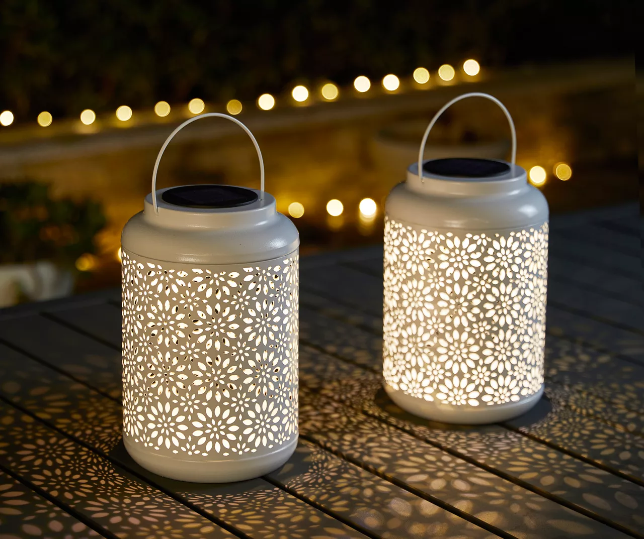 White Flower Cut-Out Metal LED Solar Lanterns, 2-Pack 3 White Flower Cut-Out Metal LED Solar Lanterns, 2-Pack - Image 3