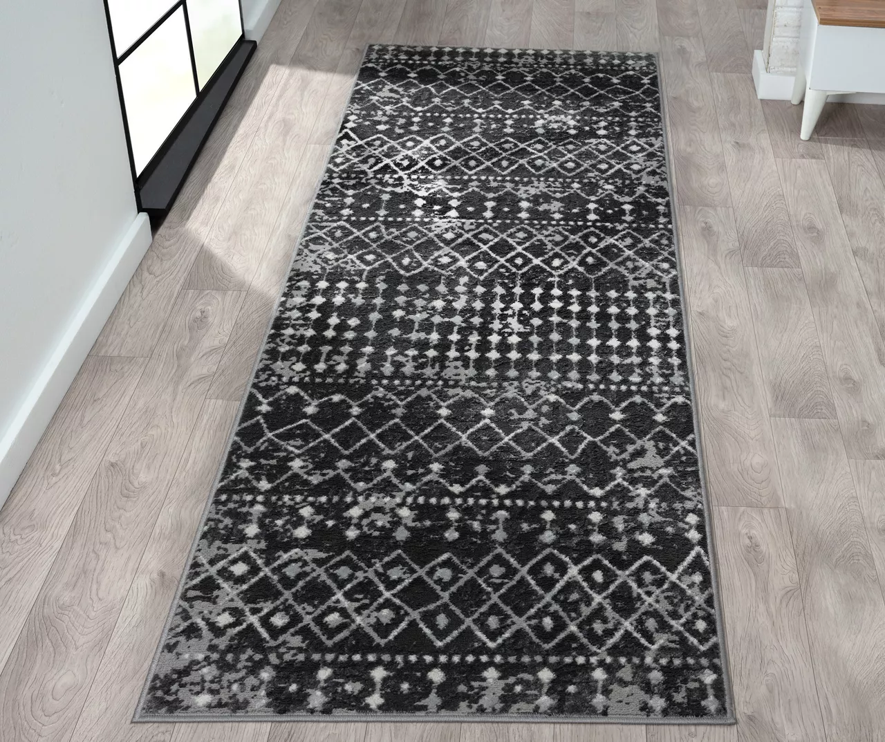 Jessica Charcoal & White Moroccan Geo Area Rug, (3' X 8') 4 Jessica Charcoal & White Moroccan Geo Area Rug, (3' X 8') - Image 4