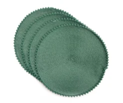 Green Pom-Pom Trim Round Placemats, 4-Pack