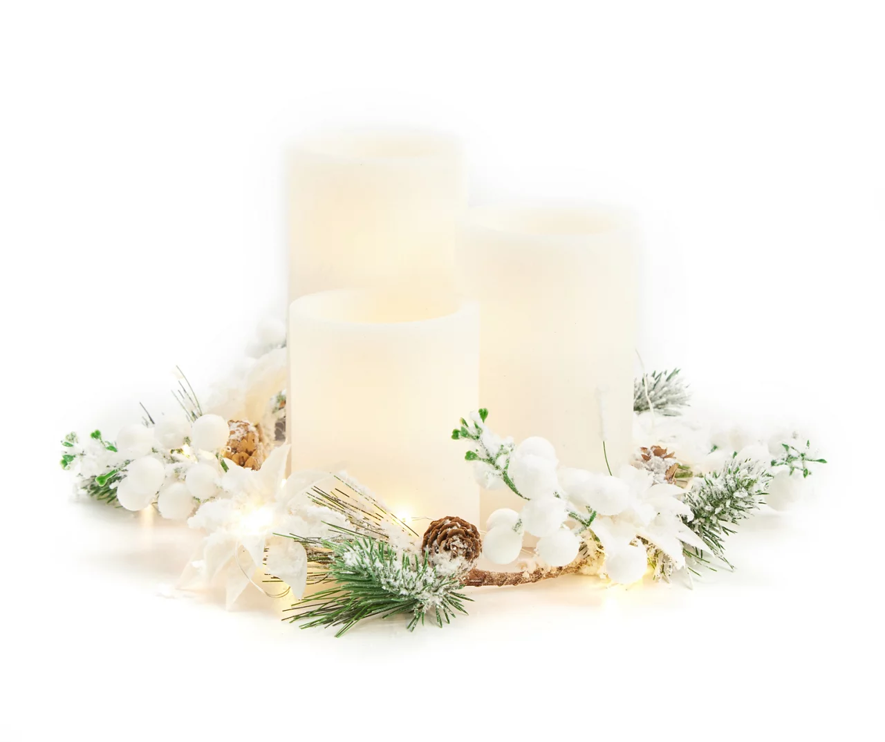 Frosted Pine 3-Piece LED Pillar Candle Centerpiece With Pine & Berry Ring 1 Frosted Pine 3-Piece LED Pillar Candle Centerpiece With Pine & Berry Ring