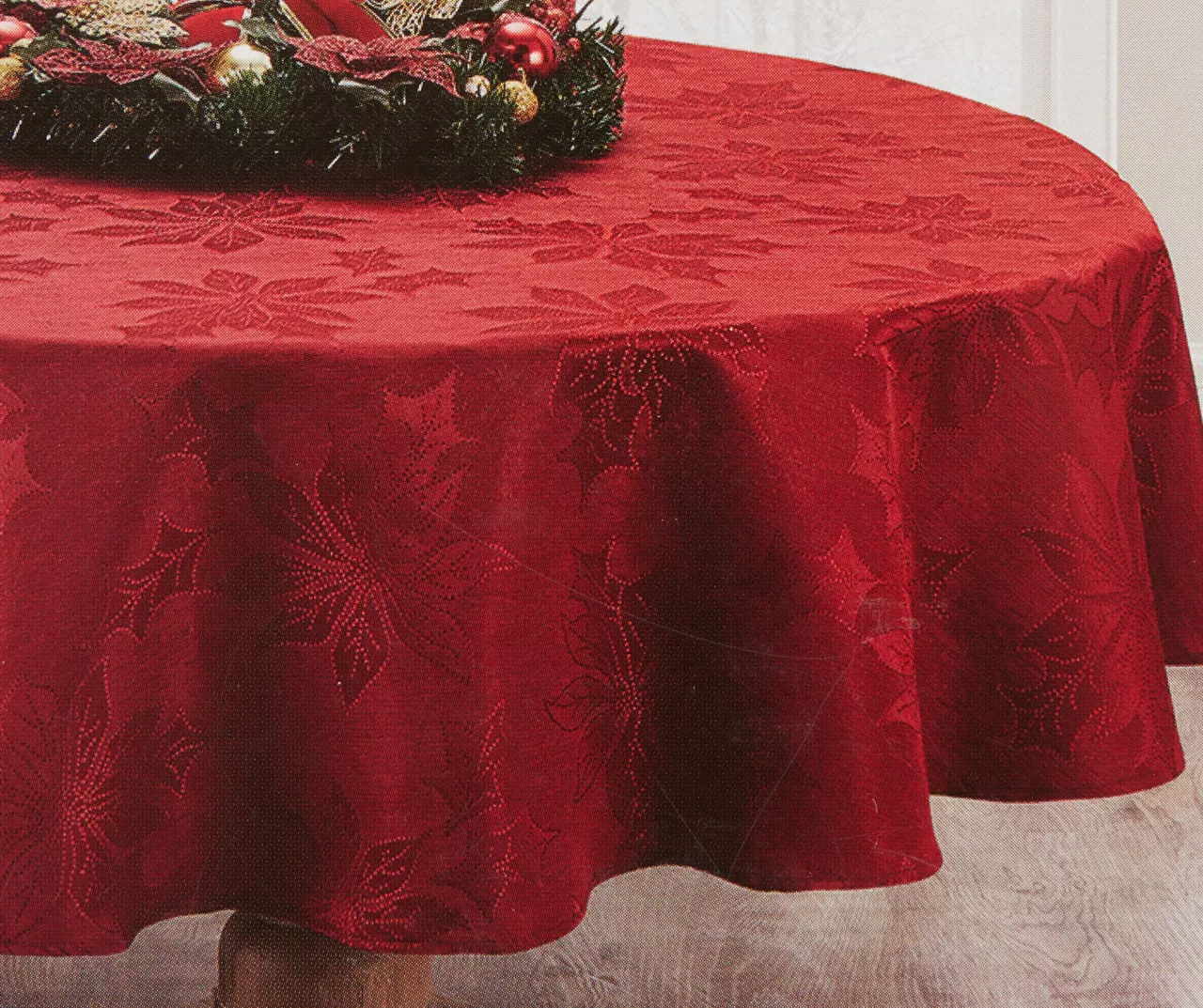 Santa's Workshop Red Poinsettia Fabric Tablecloth 2 Santa's Workshop Red Poinsettia Fabric Tablecloth - Image 2