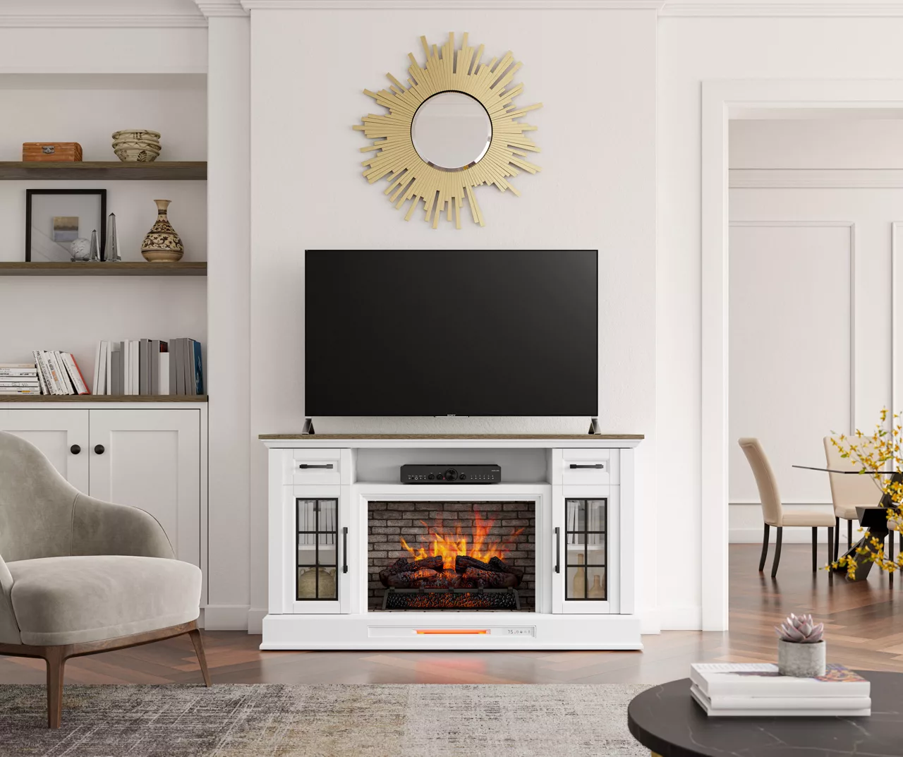 60" White 2-Door Electric Fireplace Console 3 60" White 2-Door Electric Fireplace Console - Image 3