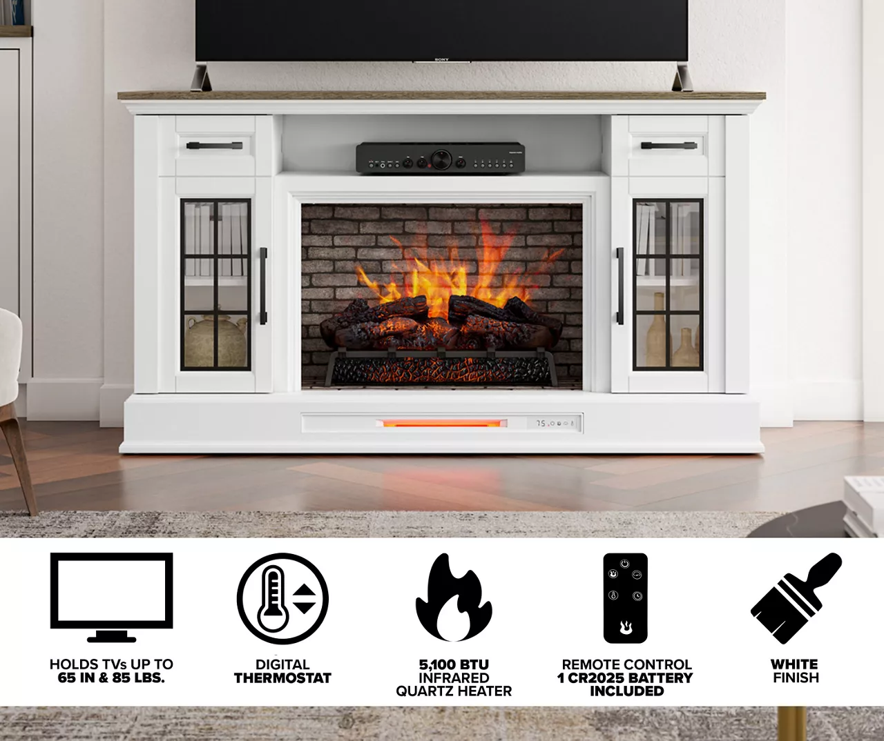 60" White 2-Door Electric Fireplace Console 5 60" White 2-Door Electric Fireplace Console - Image 5
