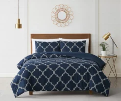 Casa Navy & White Embroidered Quatrefoil Comforter Set